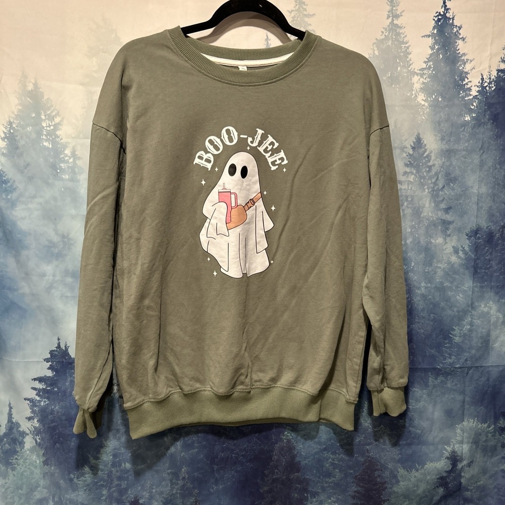 Ghost Sweatshirt Women's Large Pullover Graphic Spooky Boo-Jee Stanley‎